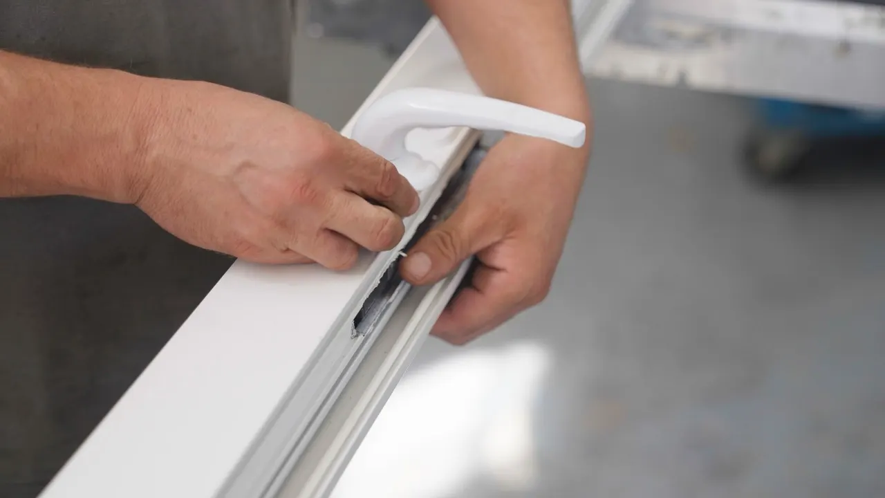 Hardware being pushed by hand into the groove of a profile