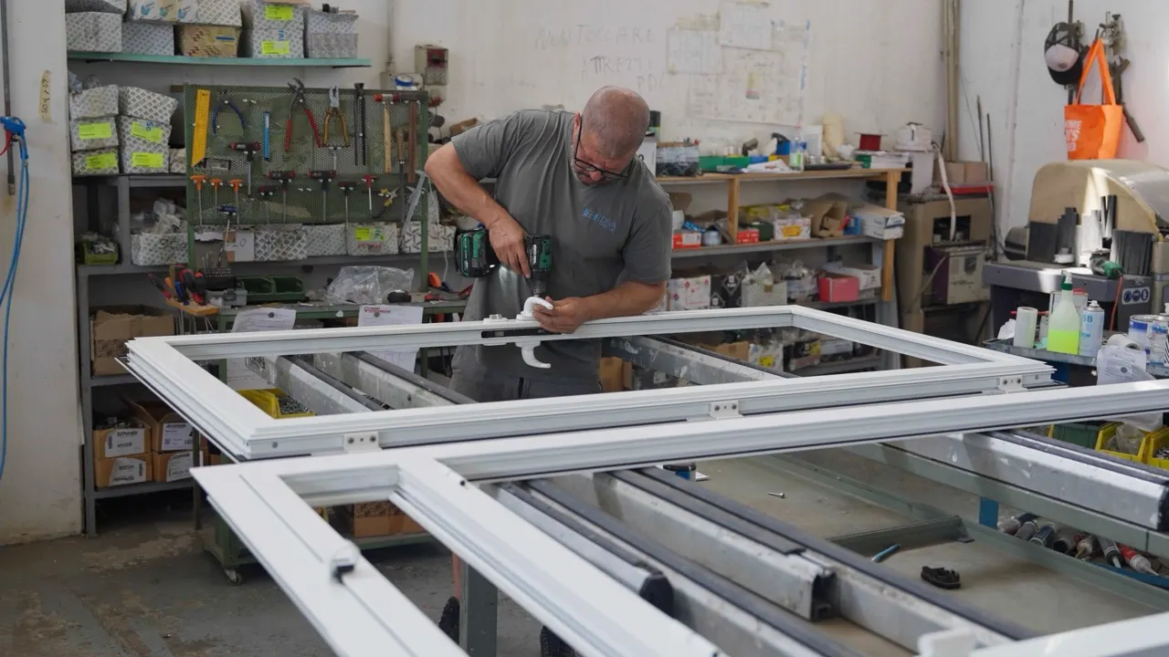 A uPVC frame being assembled on the workshop bench