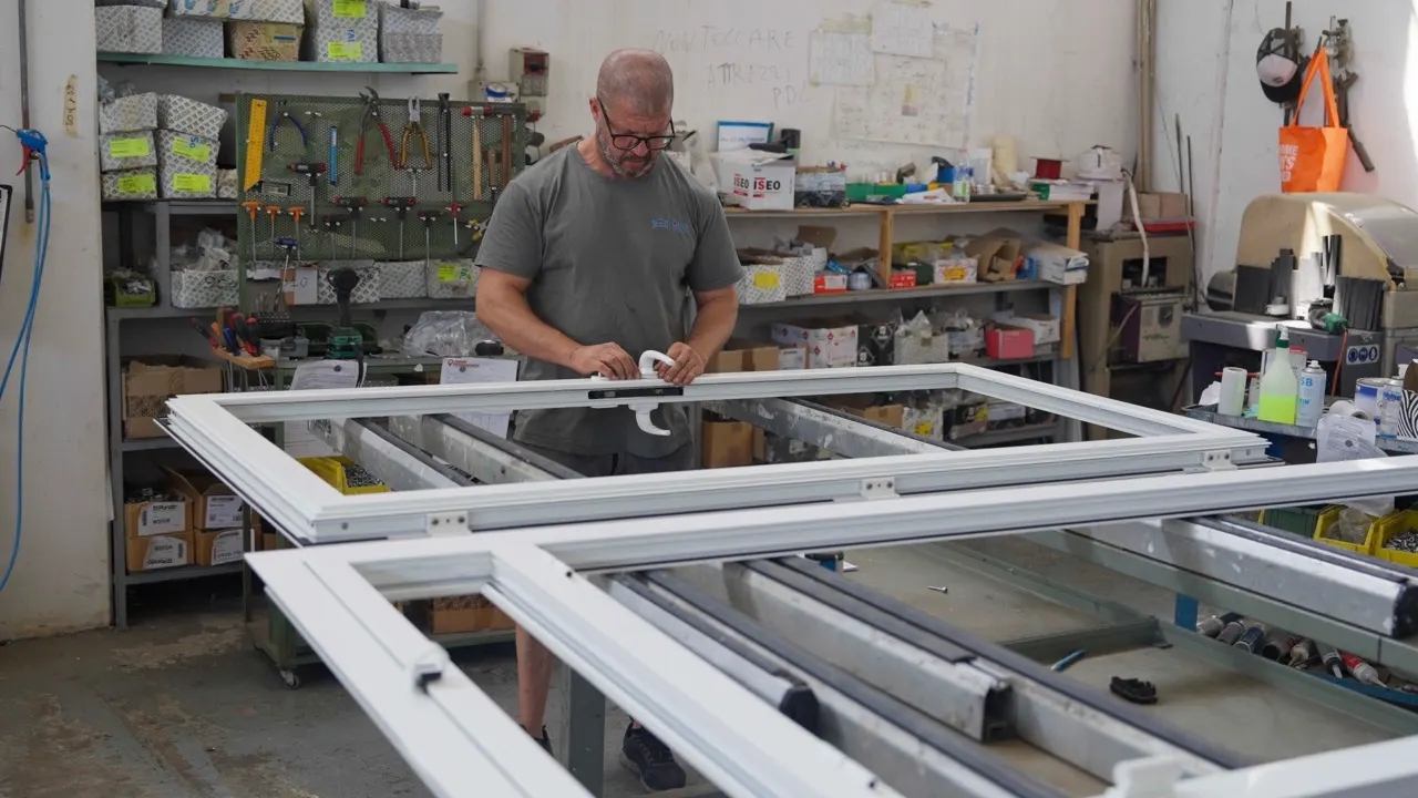 A uPVC frame being worked in the Diva Infissi workshop in Martinsicuro