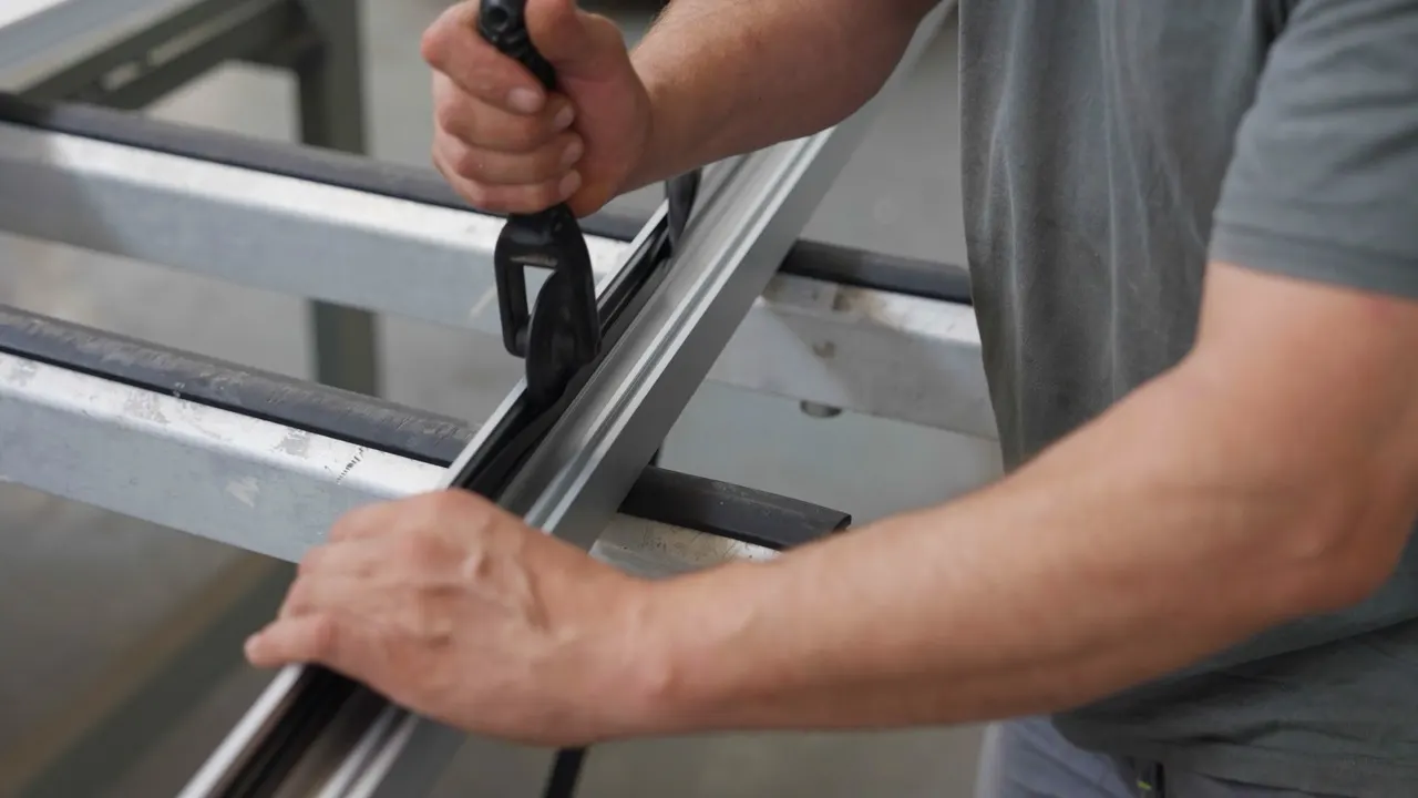 Gasket pushed by hand into the groove of an aluminium profile