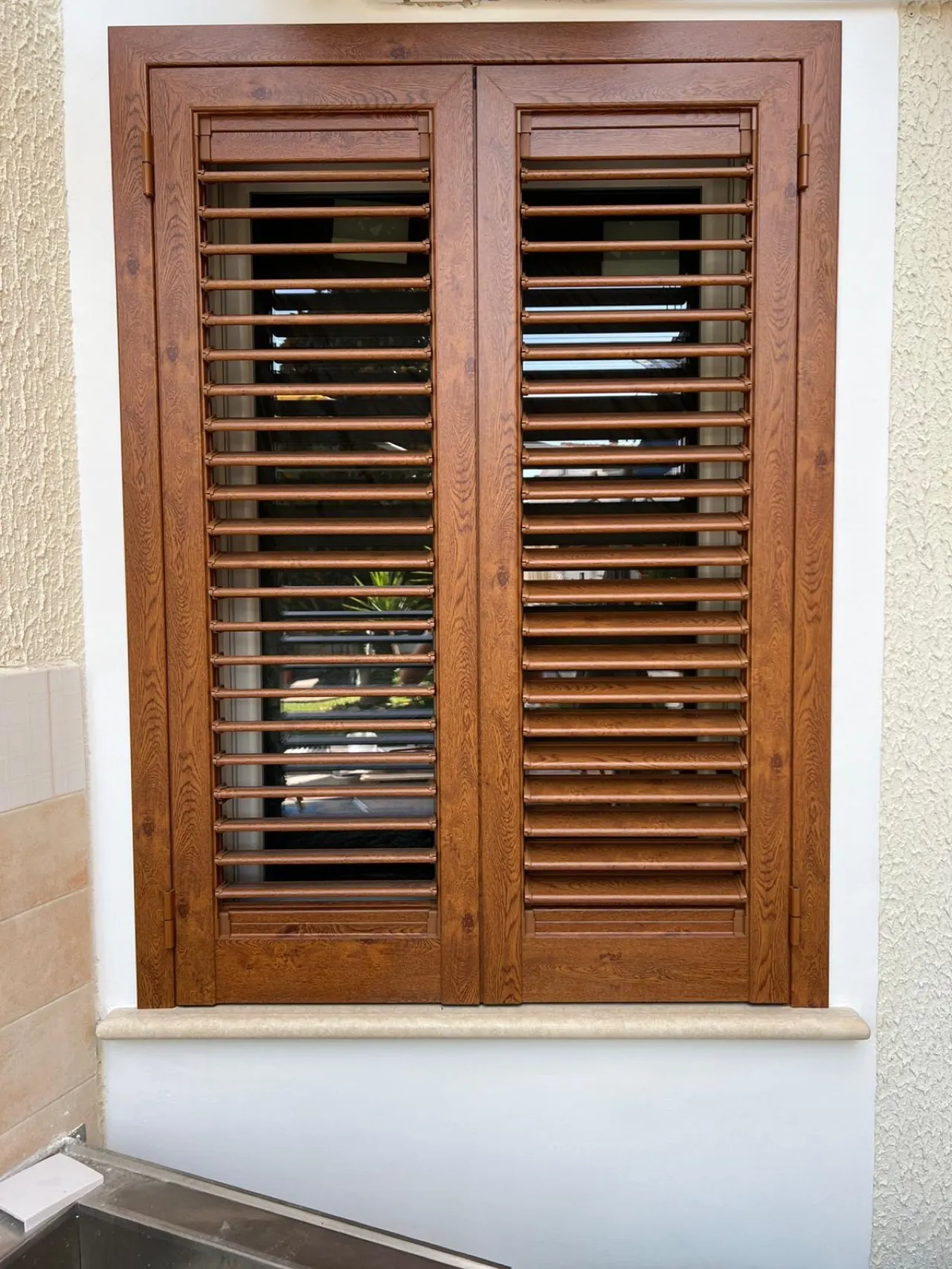 Two-leaf shutters with adjustable slats, closed over a window